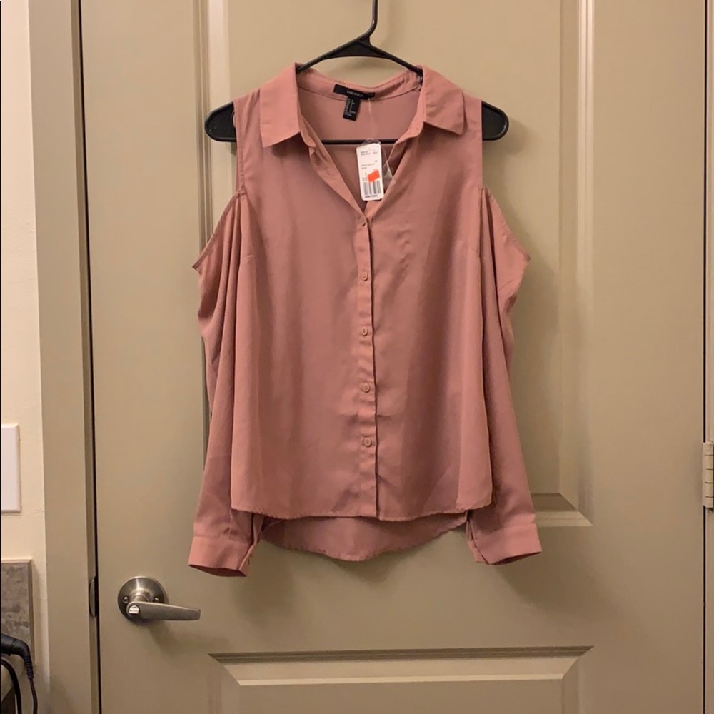 Blush pink button down shoulder cut out blouse